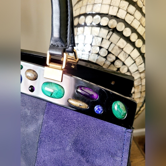 Tory Burch Attersee Women Luxe Suede Frame Satchel Bag Jewel /Black Large - Picture 12 of 16